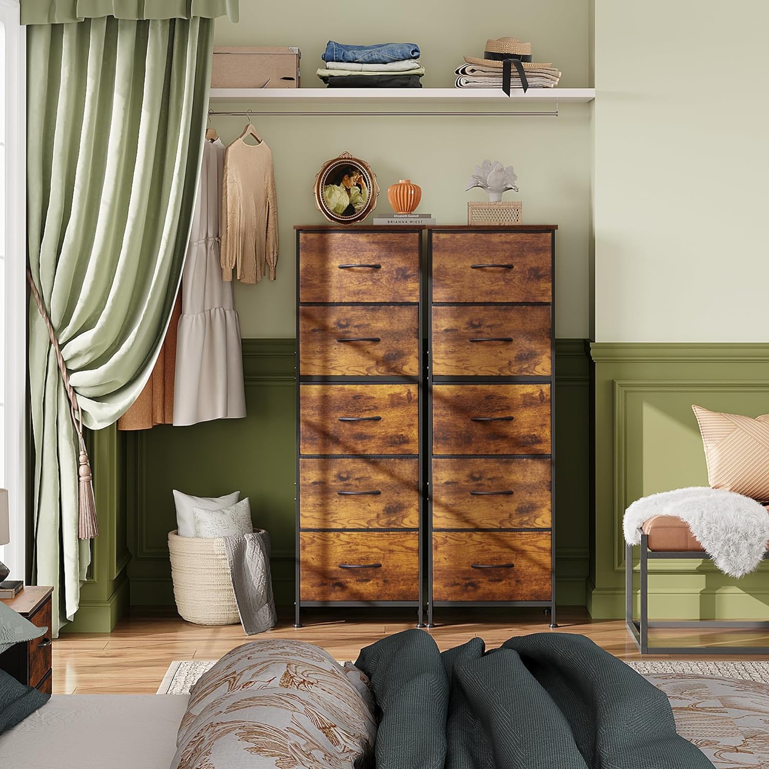 5-Drawer Tall Dresser for Bedroom, Storage Dresser Organizer with Fabric Bins, Rustic Brown