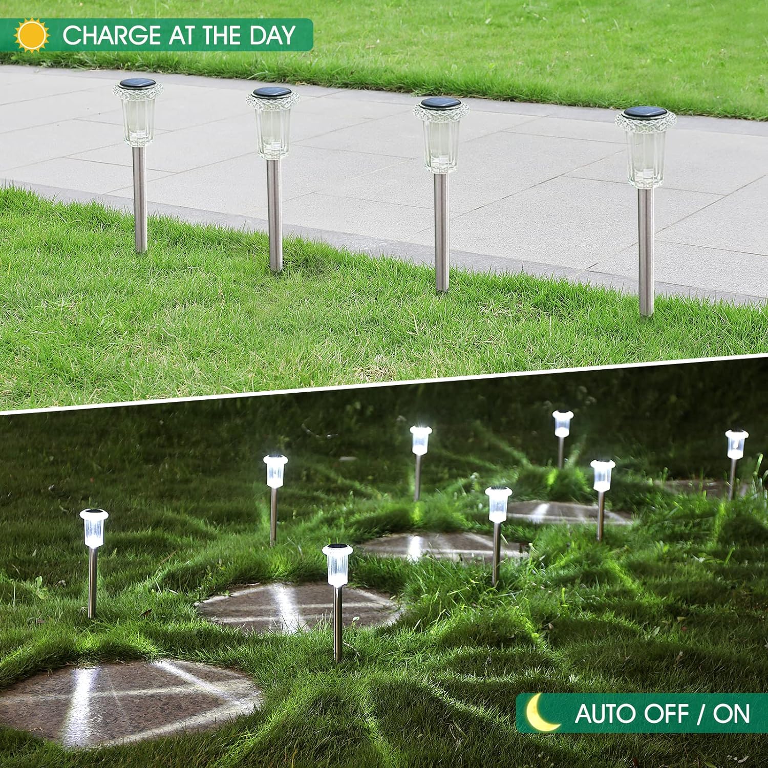 10 Pack Waterproof Stainless Steel Solar Stake Lights for Pathway Garden Driveway Lawn Decor - Cool White