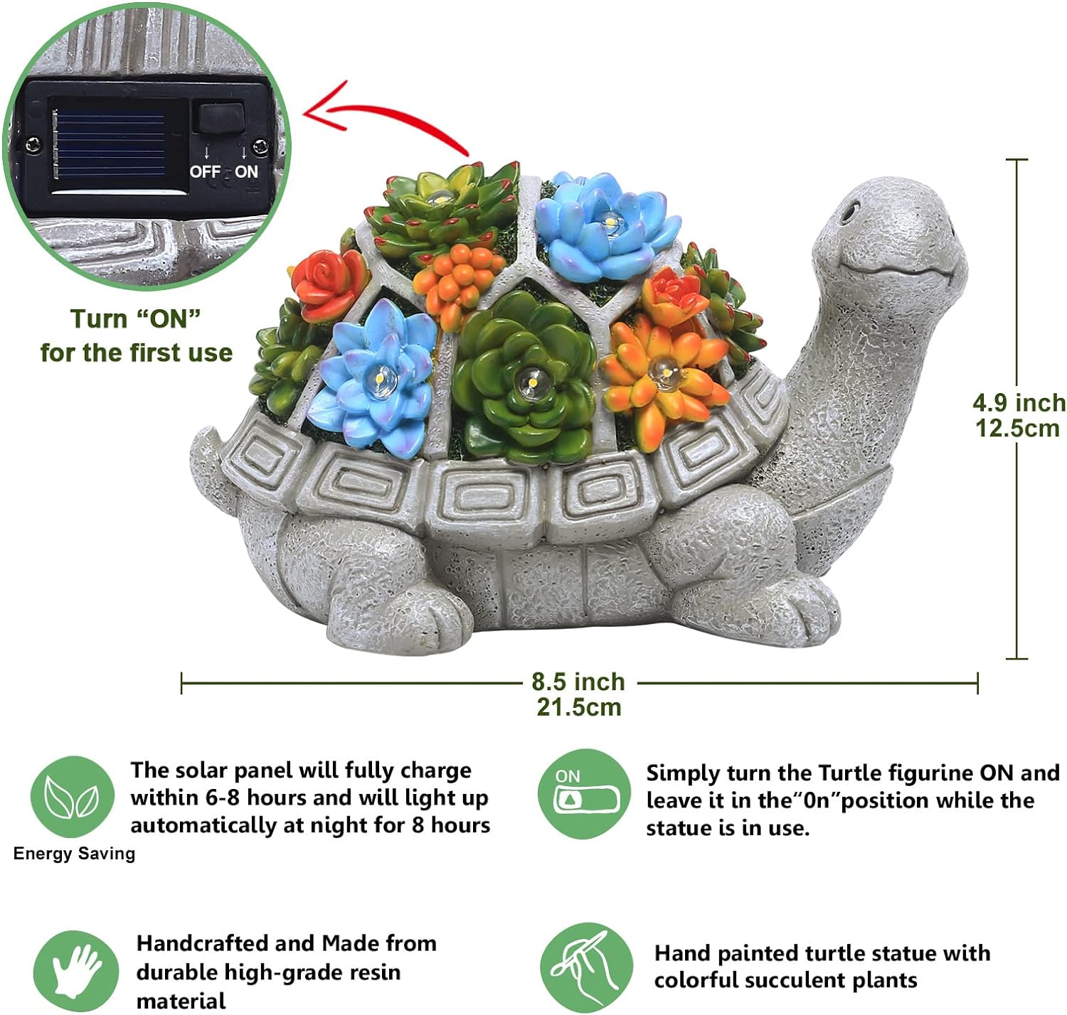 Garden Outdoor Statues Turtle with Succulent and 7 LED Lights