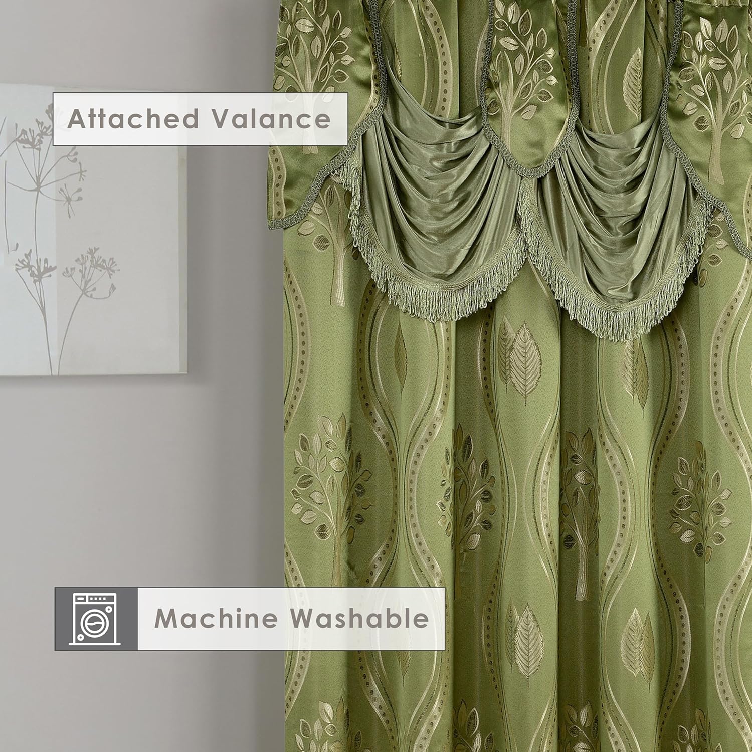 Jacquard Look Curtain Panel Set with Attached Valance 54" X 84 inch (Set of 2), Sage