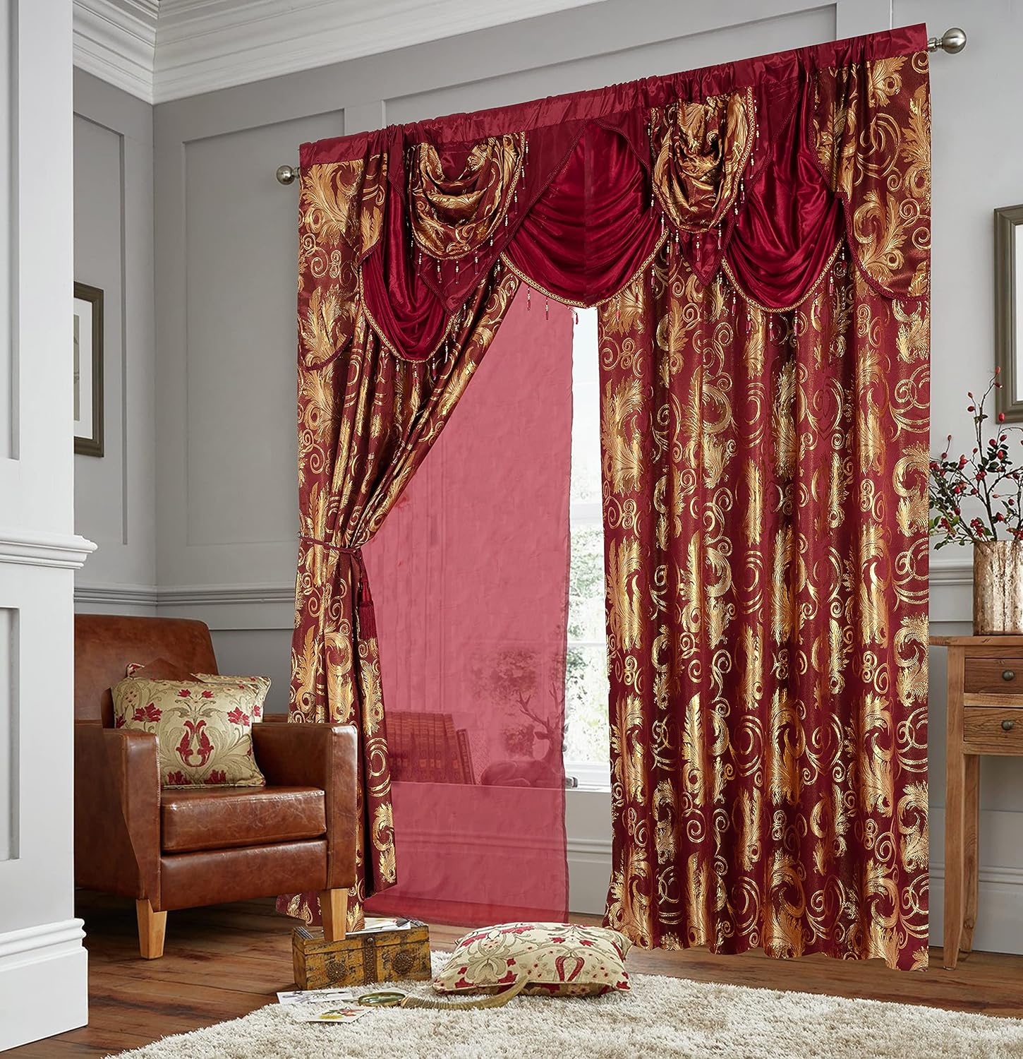 Jacquard Luxury Window 1 Panel Set Burgundy Curtain with Attached Valance and Backing , 110x84 inches Each