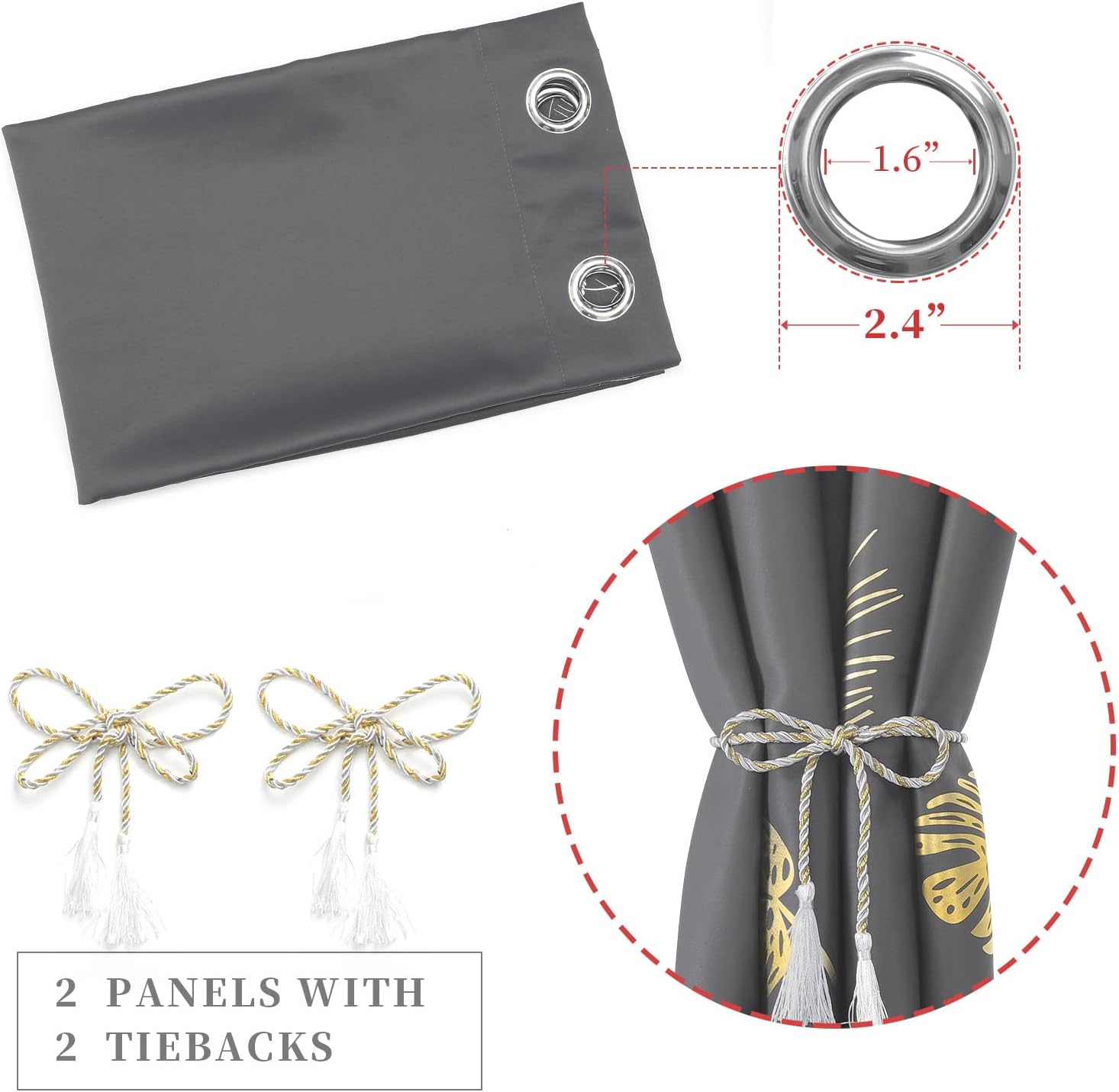 Dark Grey Blackout Curtains & Drapes 84 Inch Length 2 Panels Set for Living Room, Thermal Insulated Room Darkening Gold