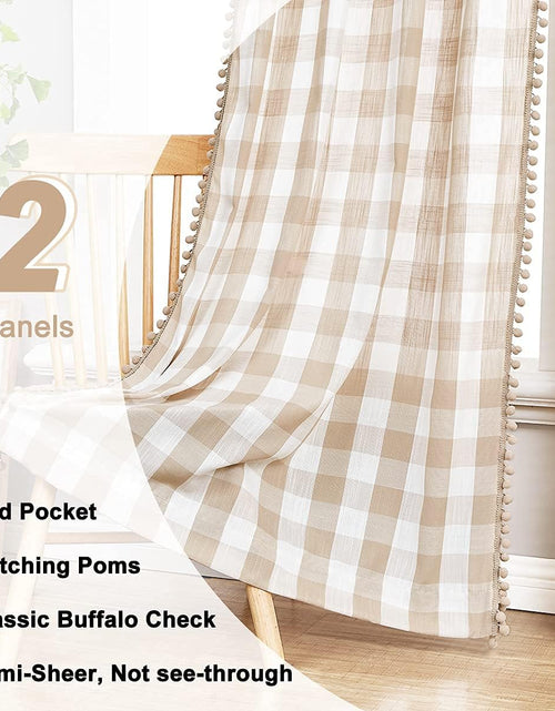 Load image into Gallery viewer, Pompom Buffalo Check Curtains Taupe and White Plaid Window Treatment Set 95 inch Rustic Farmhouse Curtain Drapes
