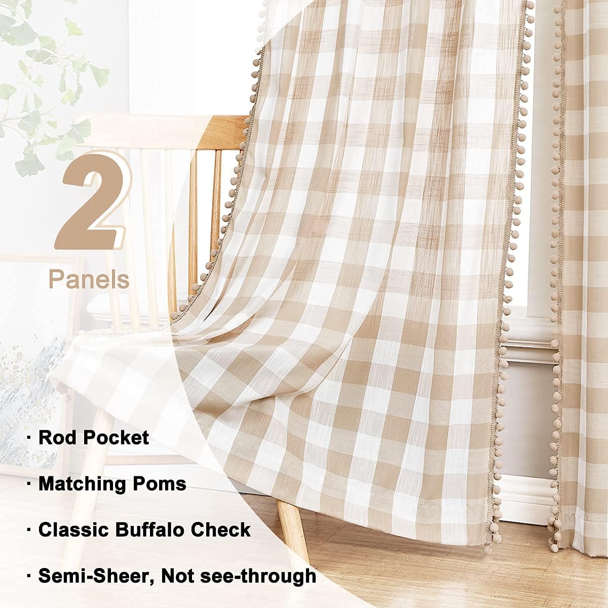 Pompom Buffalo Check Curtains Taupe and White Plaid Window Treatment Set 95 inch Rustic Farmhouse Curtain Drapes