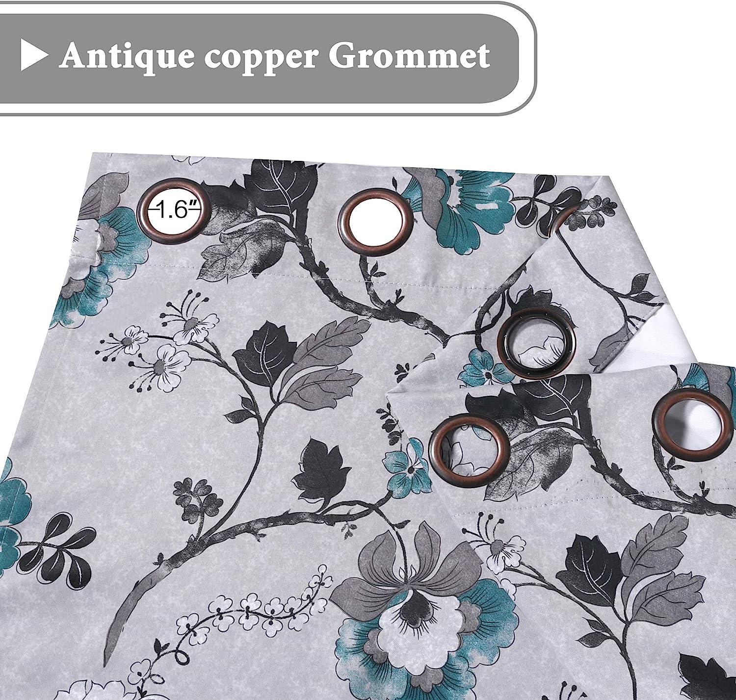 Blackout Curtains for Bedroom/Living Room Thermal Insulated Printed Curtain Drapes 63 Inches Long  (2 Panels), Vintage Floral Grey & Teal