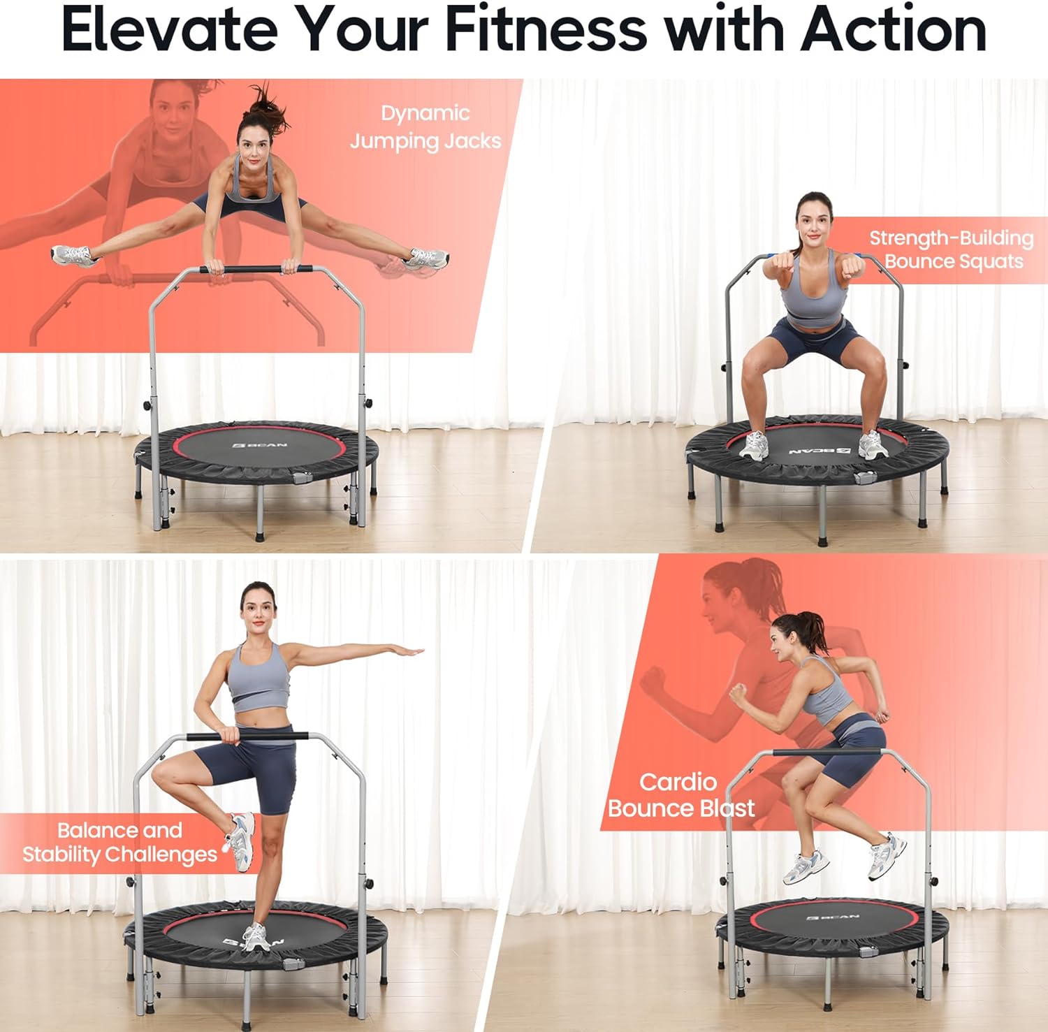 Foldable Mini Trampoline Max Load 330lbs/440lbs, Fitness Rebounder with Adjustable Foam Handle, 40-Inch