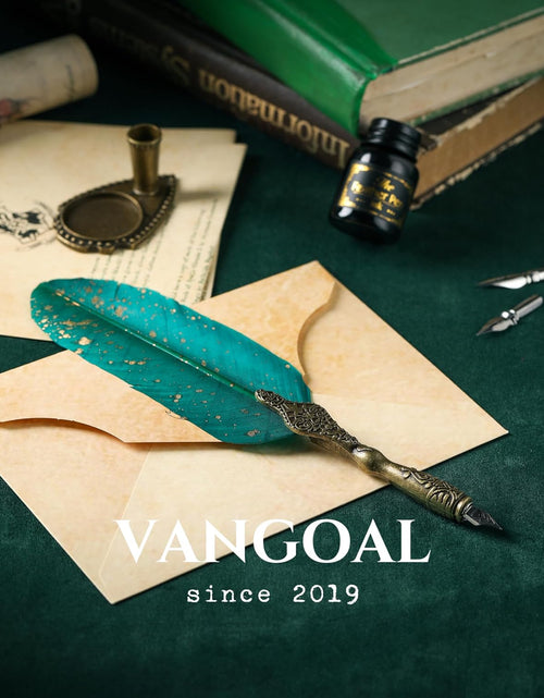 Load image into Gallery viewer, Feather Pen and Ink Set, Glittering Quill Pen Set Antique Calligraphy Dip Pen with Ink, Vintage Signature Pen (Green)
