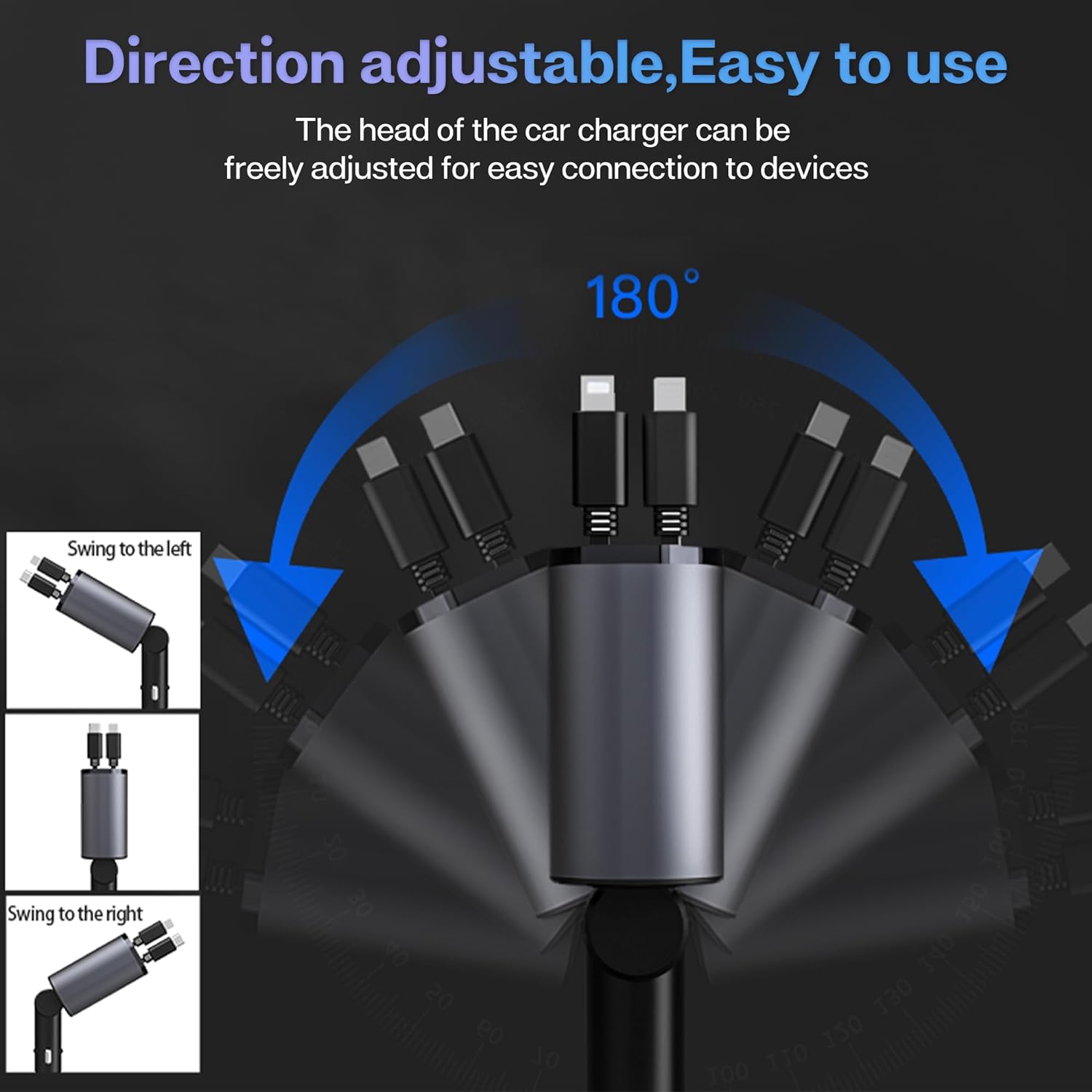 Retractable Car Charger with 100W, 4 in 1 Car Fast Charger for iPhone and Type C