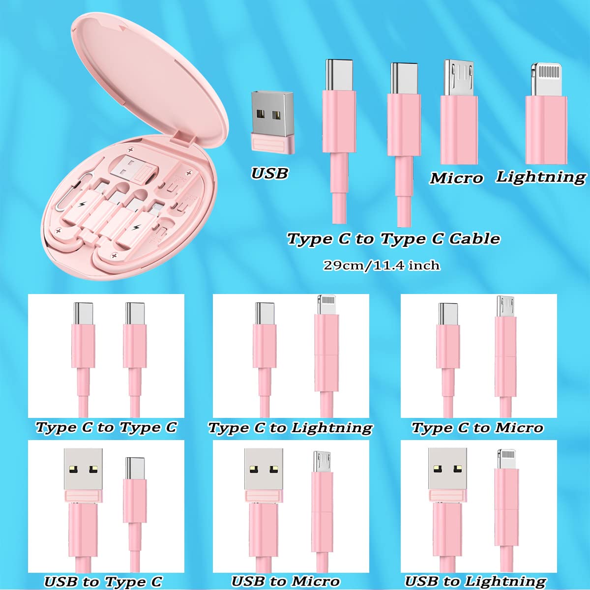 Multi USB Charging Adapter Cable Kit, USB C to Lighting Adapter Box  (Pink)