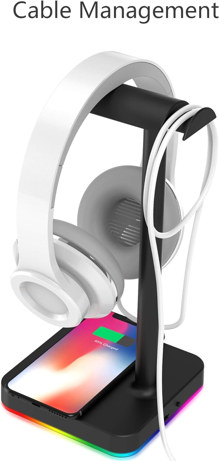 RGB Headphone Stand with Wireless Charger Desk Gaming Headset Holder Hanger Rack with 10W/7.5W Fast Charger, Black