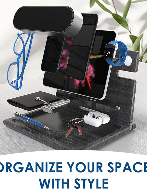 Load image into Gallery viewer, Wood Docking Station 2 Phone Nightstand Organizer Table Charging Dock Multi Watch Charging Stand, Black
