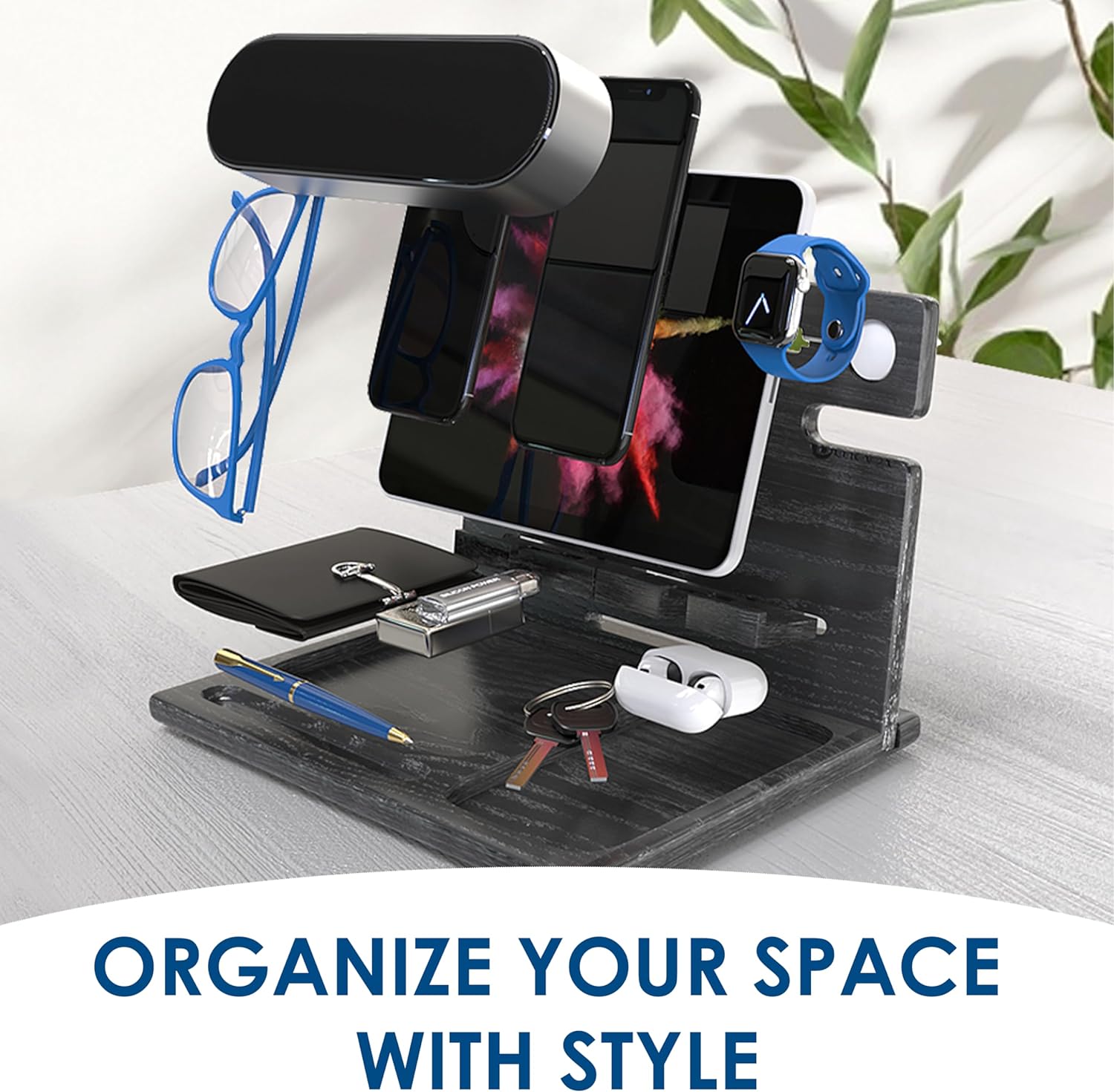 Wood Docking Station 2 Phone Nightstand Organizer Table Charging Dock Multi Watch Charging Stand, Black