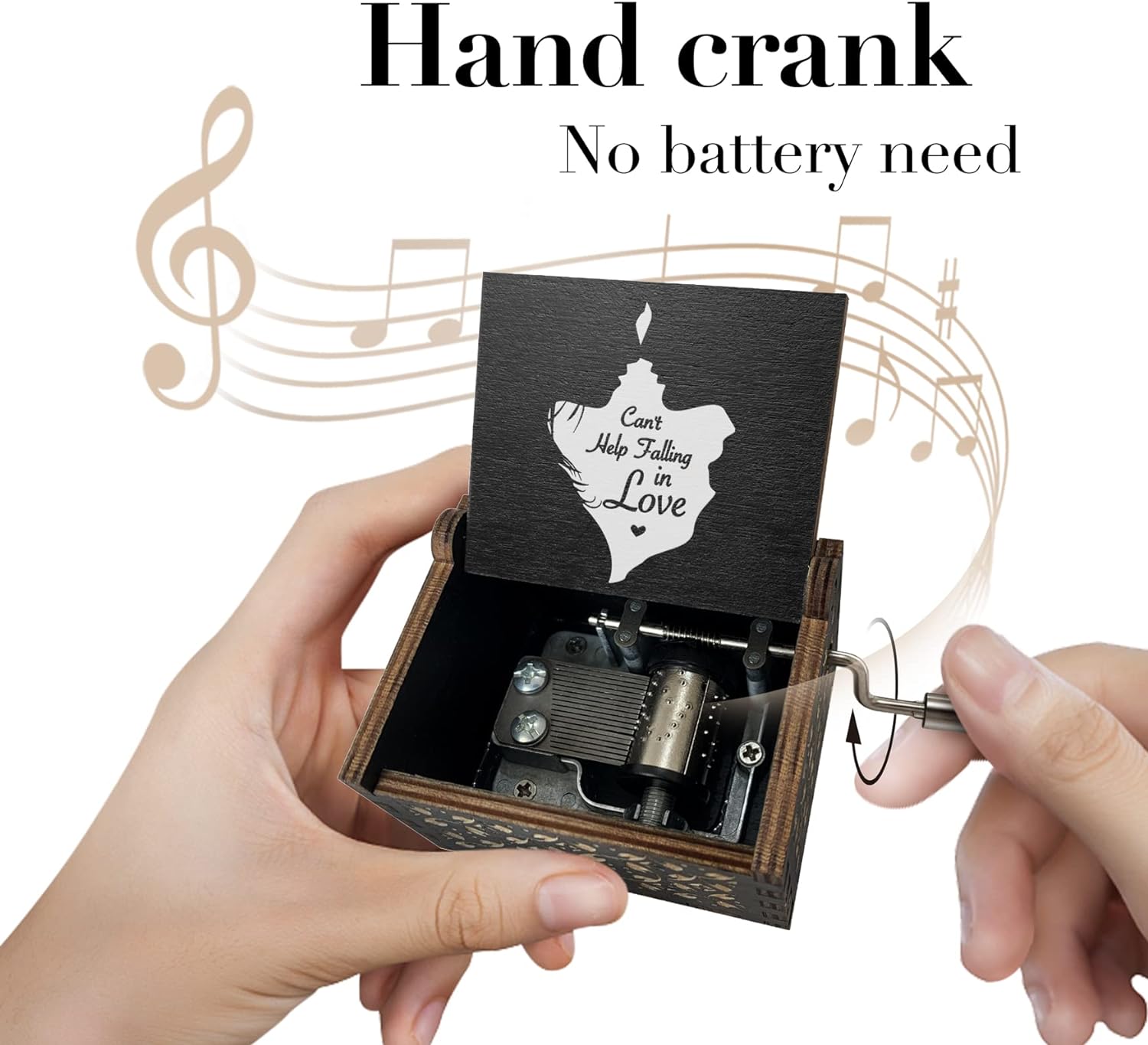 Wooden Music Box-Can’t Help Falling in Love Hand Crank Laser Engraved Vintage Wood Musical Boxes