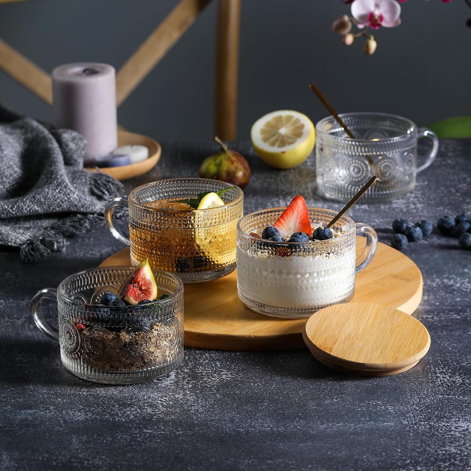 4pcs Set Vintage Coffee Mugs gifts for women, Overnight Oats Containers with Bamboo Lids and Spoons - 14oz Clear