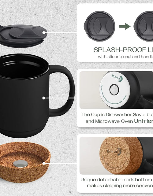 Load image into Gallery viewer, Set of 2 15 OZ Coffee Mug with Cork Bottom and Splash Proof Lid, Ceramic Mug with Large Handle, Black
