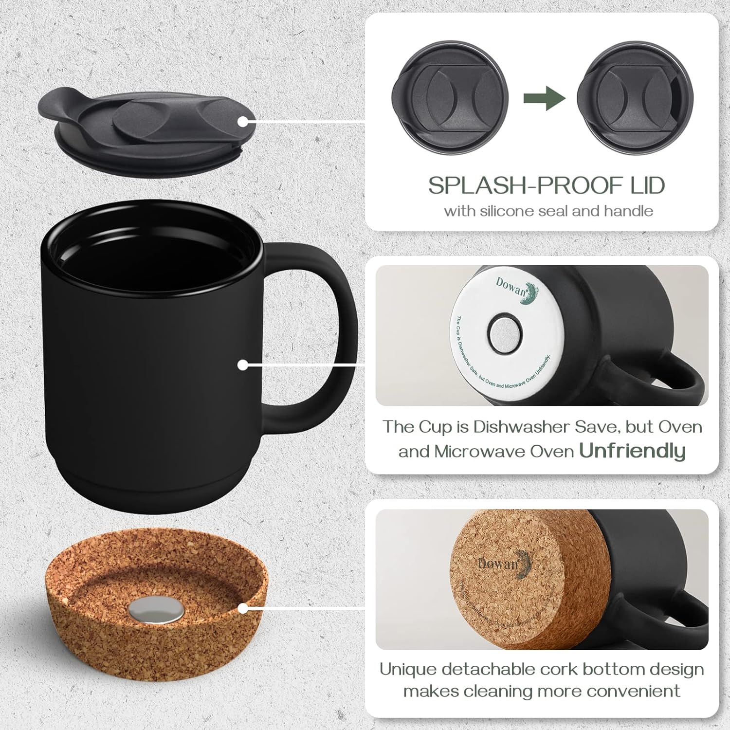 Set of 2 15 OZ Coffee Mug with Cork Bottom and Splash Proof Lid, Ceramic Mug with Large Handle, Black