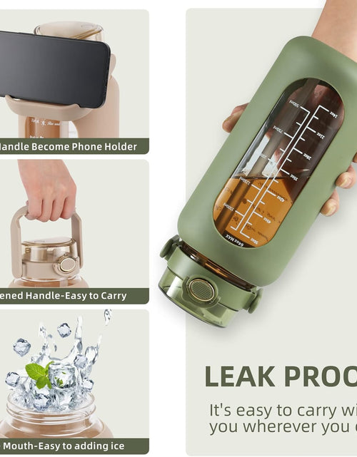 Load image into Gallery viewer, 74oz Glass Water Bottle with Straw 2.2L Large Gallon Motivational Water Bottle with Handle and Time Marker, Olive
