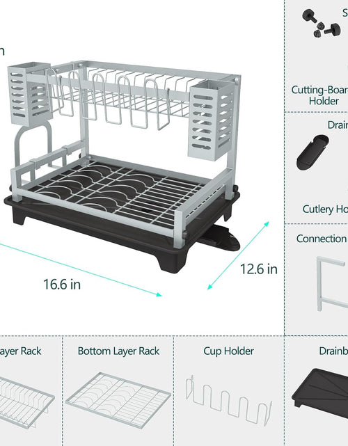 Load image into Gallery viewer, 2 Tier Dish Racks for Kitchen Counter, Large Dish Drying Rack with Drainboard &amp; Utensil Holders, Gray
