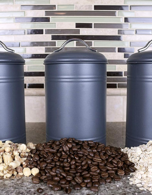 Load image into Gallery viewer, Set of 3 for Countertop Storage of Coffee, Food, Charcoal Grey Metal (8 Inches High with Lids, 4.5 Inches Diameter)
