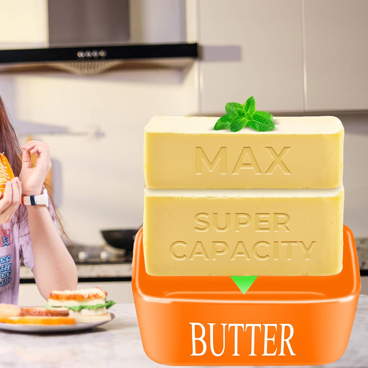 Large Butter Dish with Lid for Countertop Ceramic Butter Container with Knife Holder, Orange