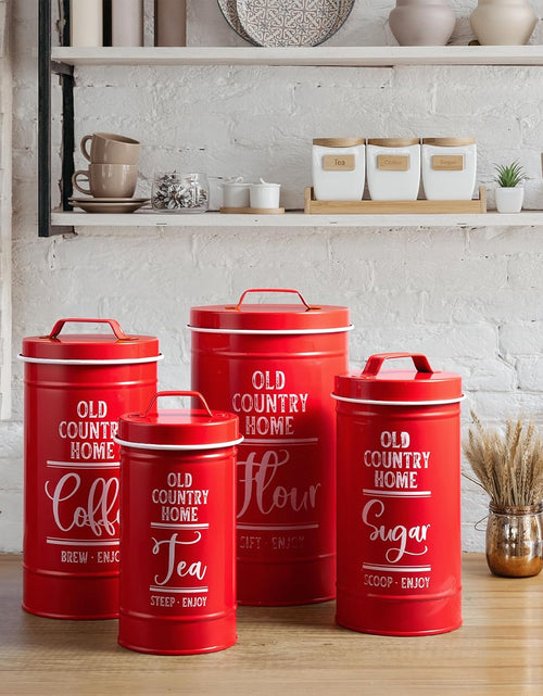 Load image into Gallery viewer, Airtight Kitchen Canisters for Countertop, Flour and Sugar Containers, Tea Coffee Sugar Canister Set, Red, Set of 4
