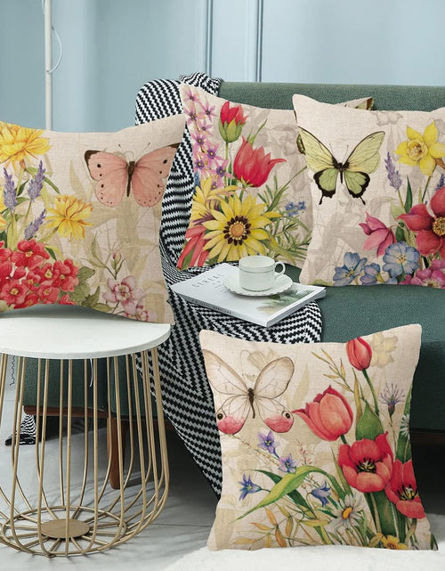 Load image into Gallery viewer, Set of 4 Decorative Spring Pillow Covers Linen Flower Butterfly Farmhouse Pillowcases, 18 x 18
