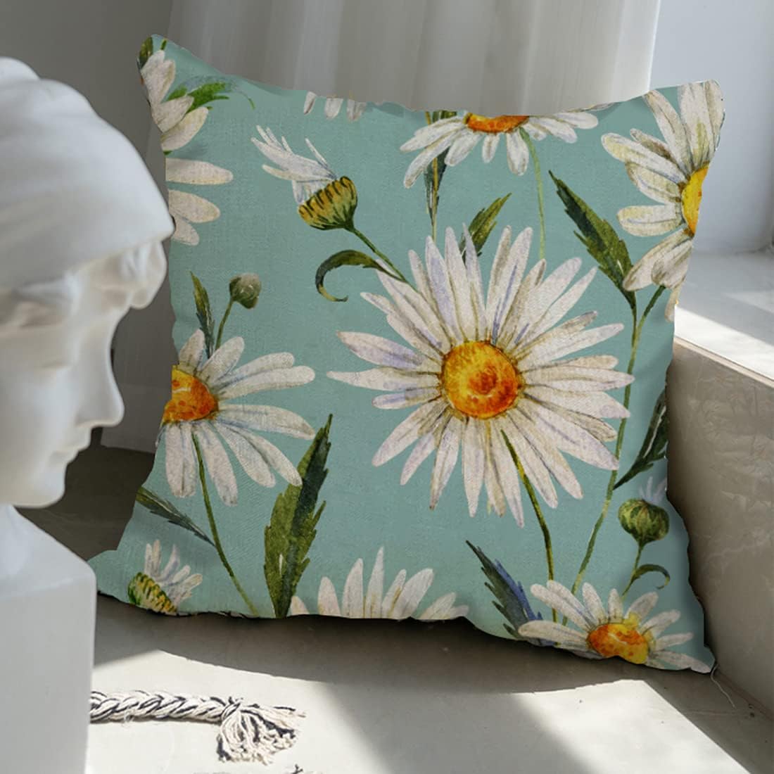 Set of 4, Sunflower Decorative Spring Daisy Light Blue Cushion Case for Sofa Couch