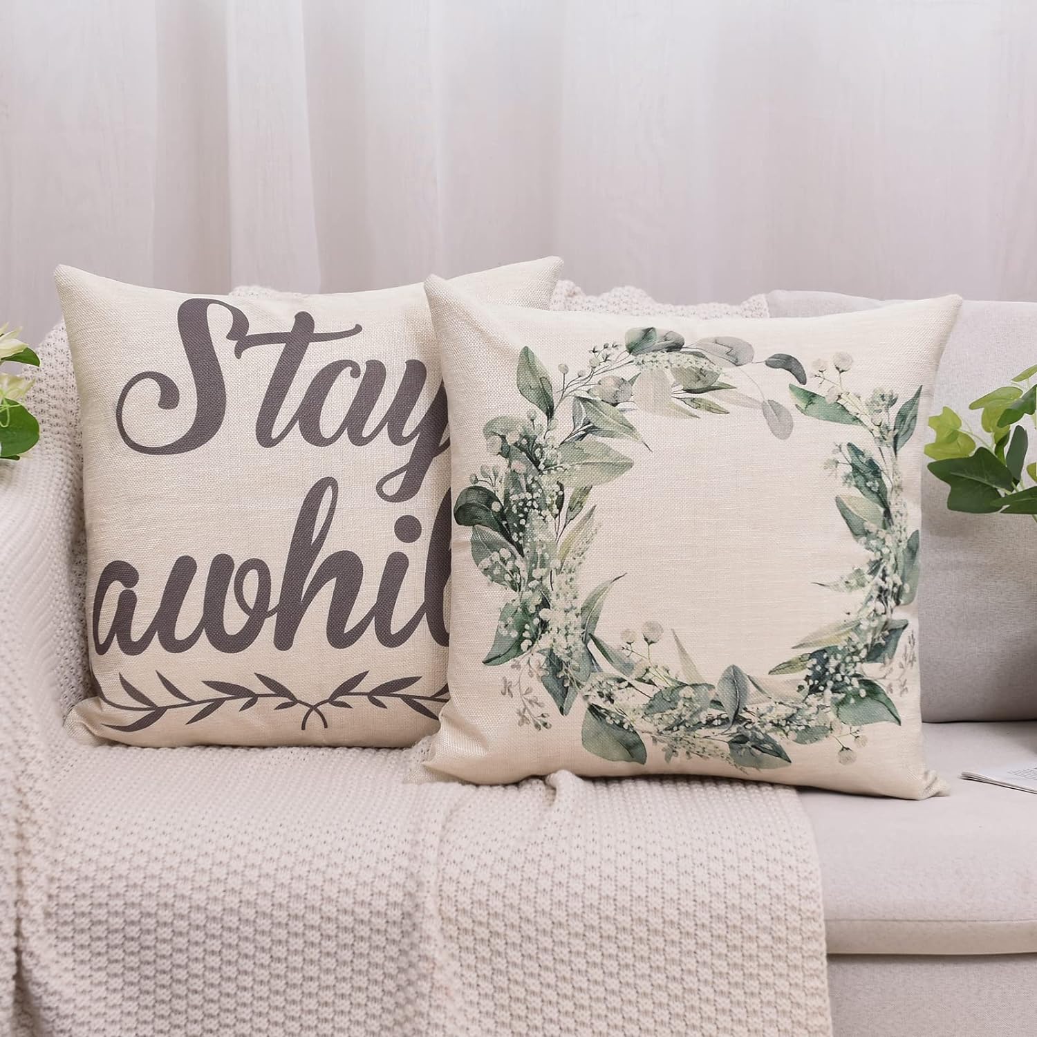Set of 4 Decorative Spring Wreath Pillow Covers 18 x 18 Inches - Summer Floral Leaves Bless Home Linen Cushion Cases