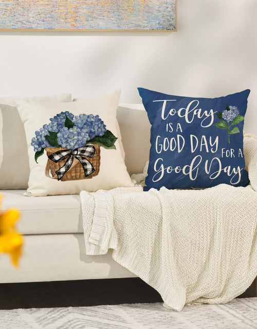 Load image into Gallery viewer, Blue Hydrangea Spring Summer Throw Pillow Covers, 18 x 18 Inch Today is A Good Day, Set of 4
