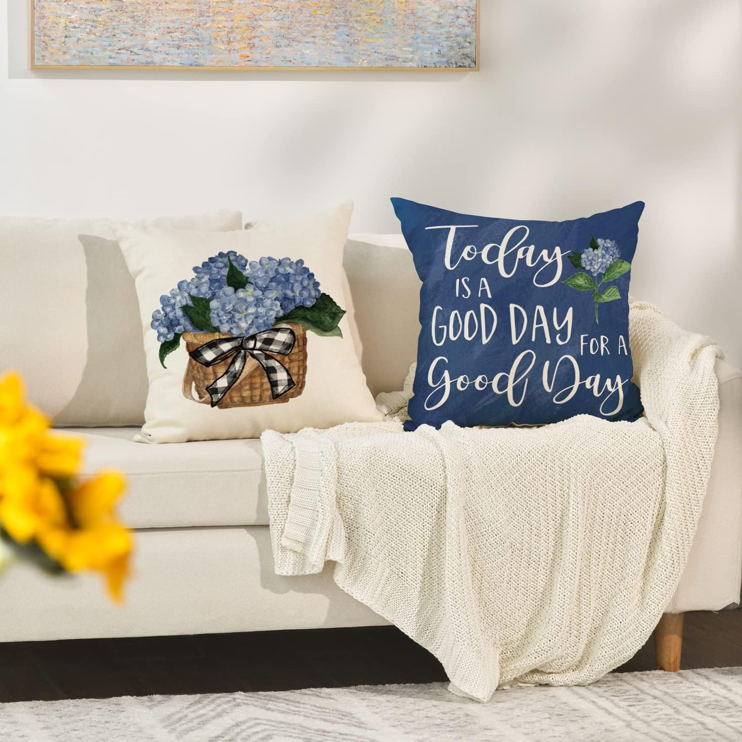 Blue Hydrangea Spring Summer Throw Pillow Covers, 18 x 18 Inch Today is A Good Day, Set of 4