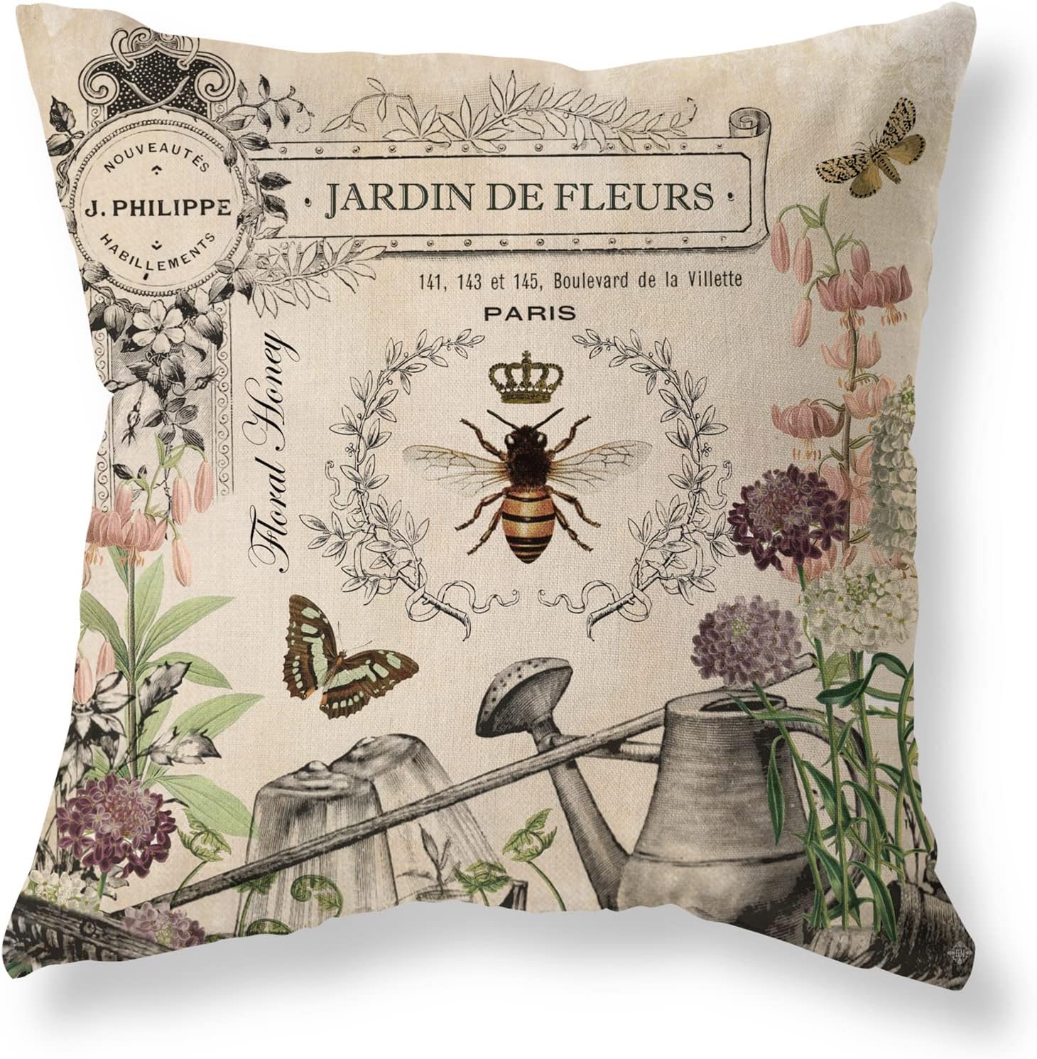 Beige Vintage Throw Pillow Covers 18x18 Set of 4 Rustic Farmhouse Bunny Bird Bee Pillow Covers