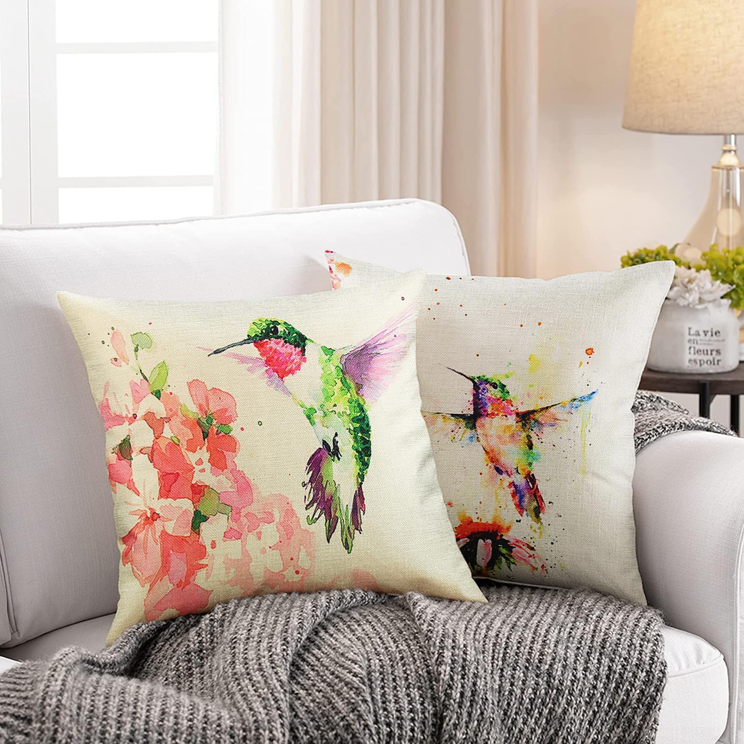 Set of 4 Spring Hummingbirds Decorative Tropical Cushion Cases, 18 x 18 inches