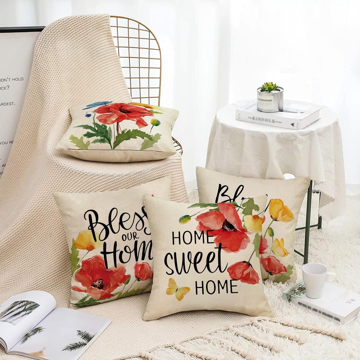 Poppy Floral Flowers Decorative Throw Pillow Covers 18 x 18 Set of 4