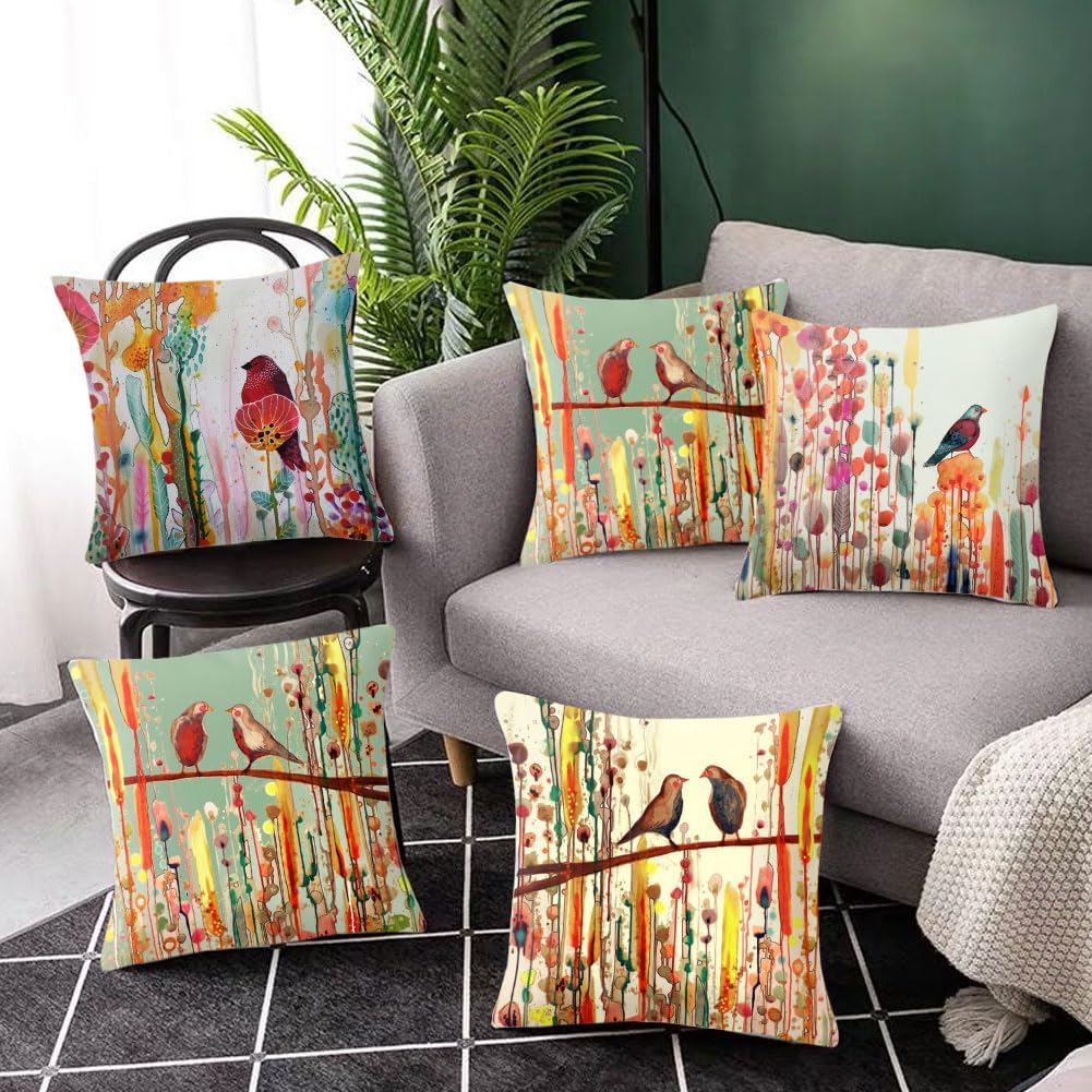 Modern Decoration Throw Pillow Covers 18x18 Set of 4 Retro Bird Flowers Throw Pillowcovers