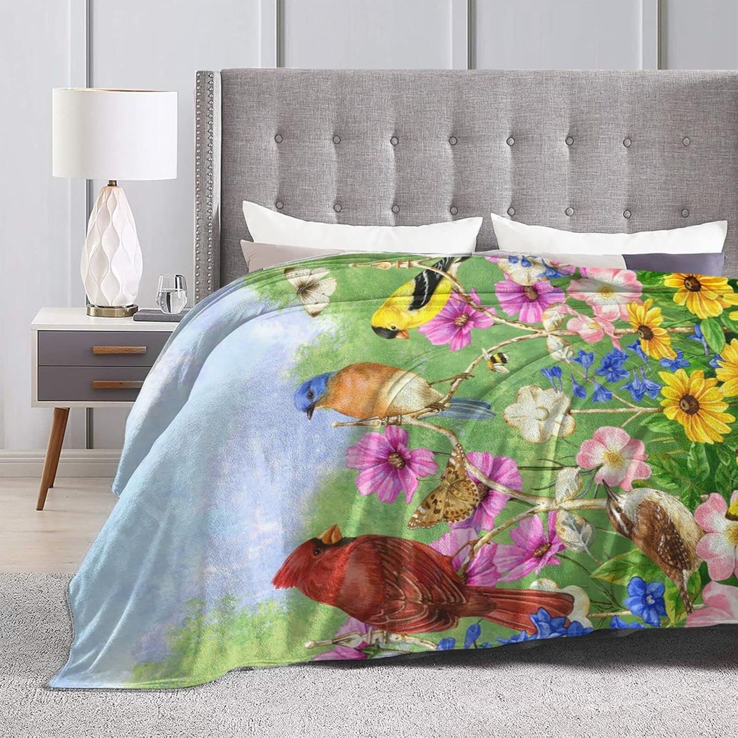 Rural Flowers Birds Throw Blanket Ultra Soft Warm All Season Rustic Sunflowers, 50"X40"