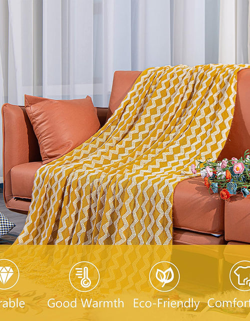 Load image into Gallery viewer, Acrylic Knitted Throw Blanket, Lightweight and Soft Cozy Decorative Woven Blanket with Tassels, 51x67 Inches, Mustard Yellow
