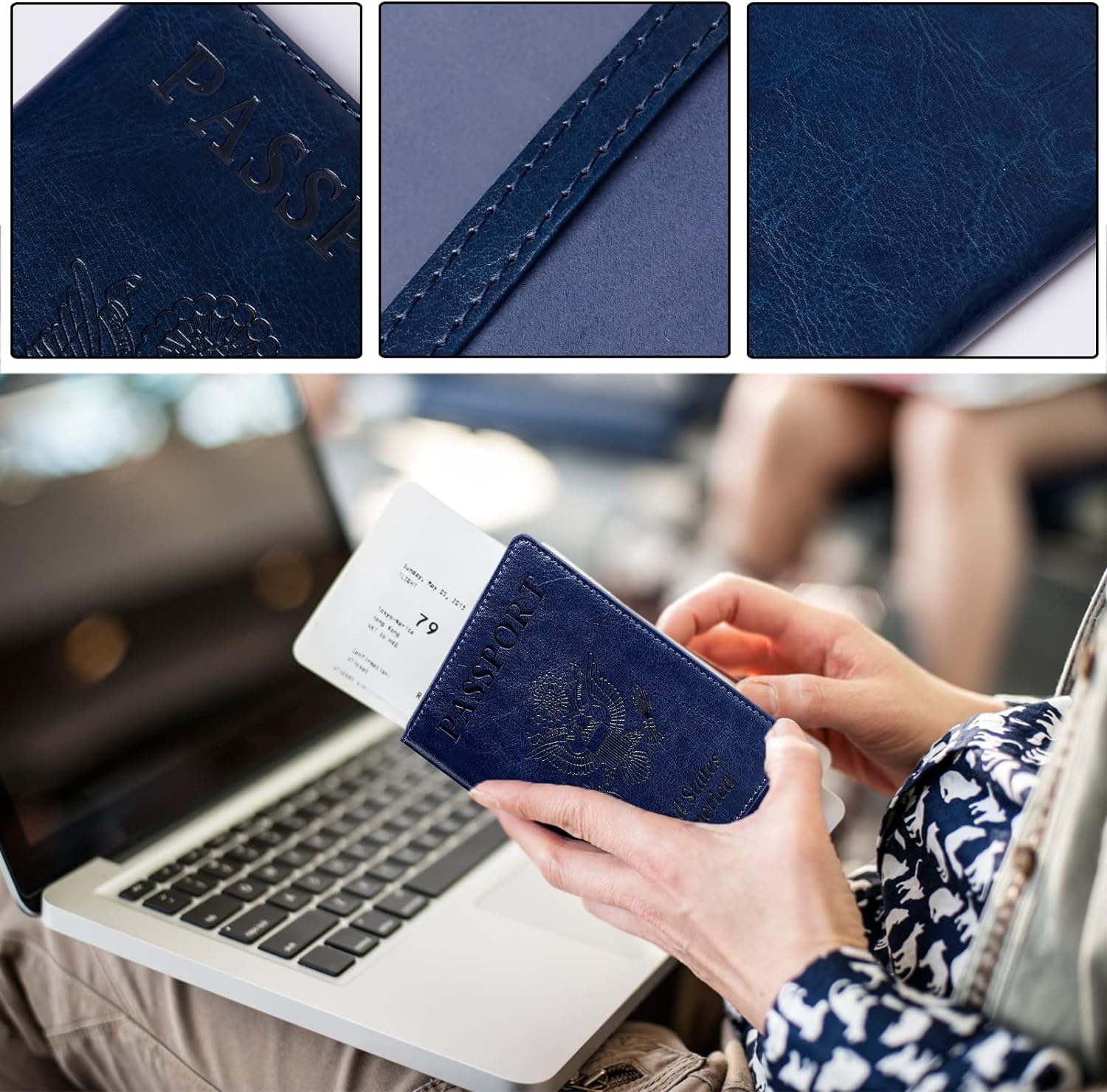 Passport Holder for Travel, Slim Passport Cover for Women Men, Leather Passport Case, Dark Blue