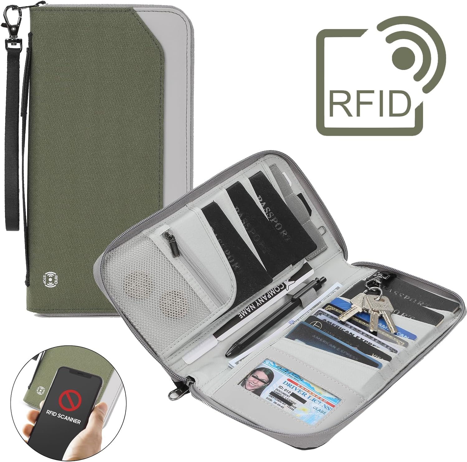 RFID Large Travel Passport Wallet with Airtag & Card Holder Women Men  with Zipper Pocket, Army Green