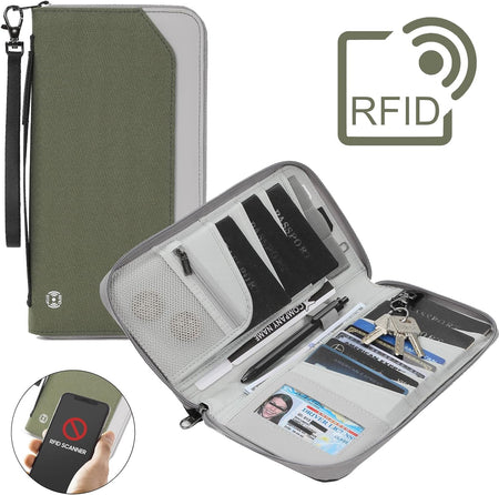RFID Large Travel Passport Wallet with Airtag & Card Holder Women Men  with Zipper Pocket, Army Green