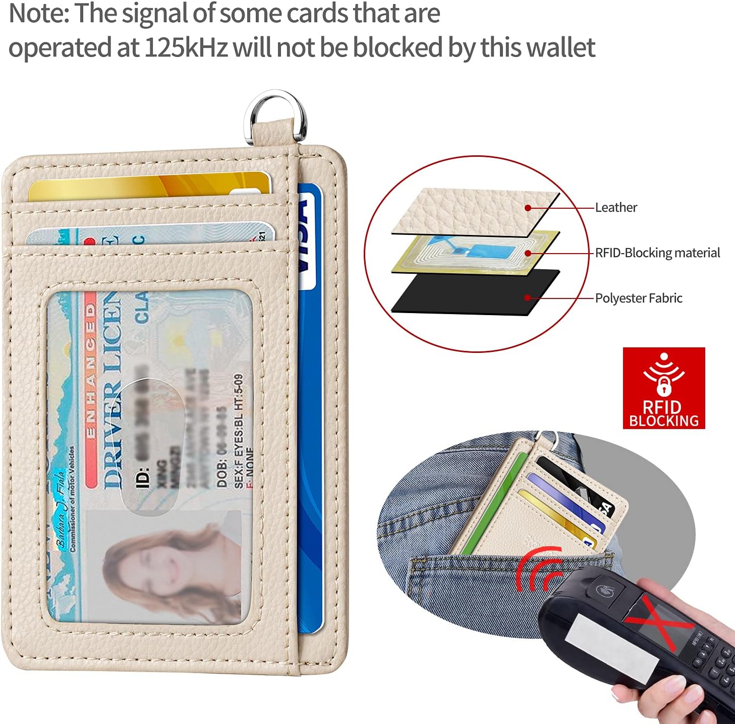 Slim Minimalist Front Pocket Wallet, RFID Blocking Credit Card Holder Wallet with Detachable D-Shackle, Beige