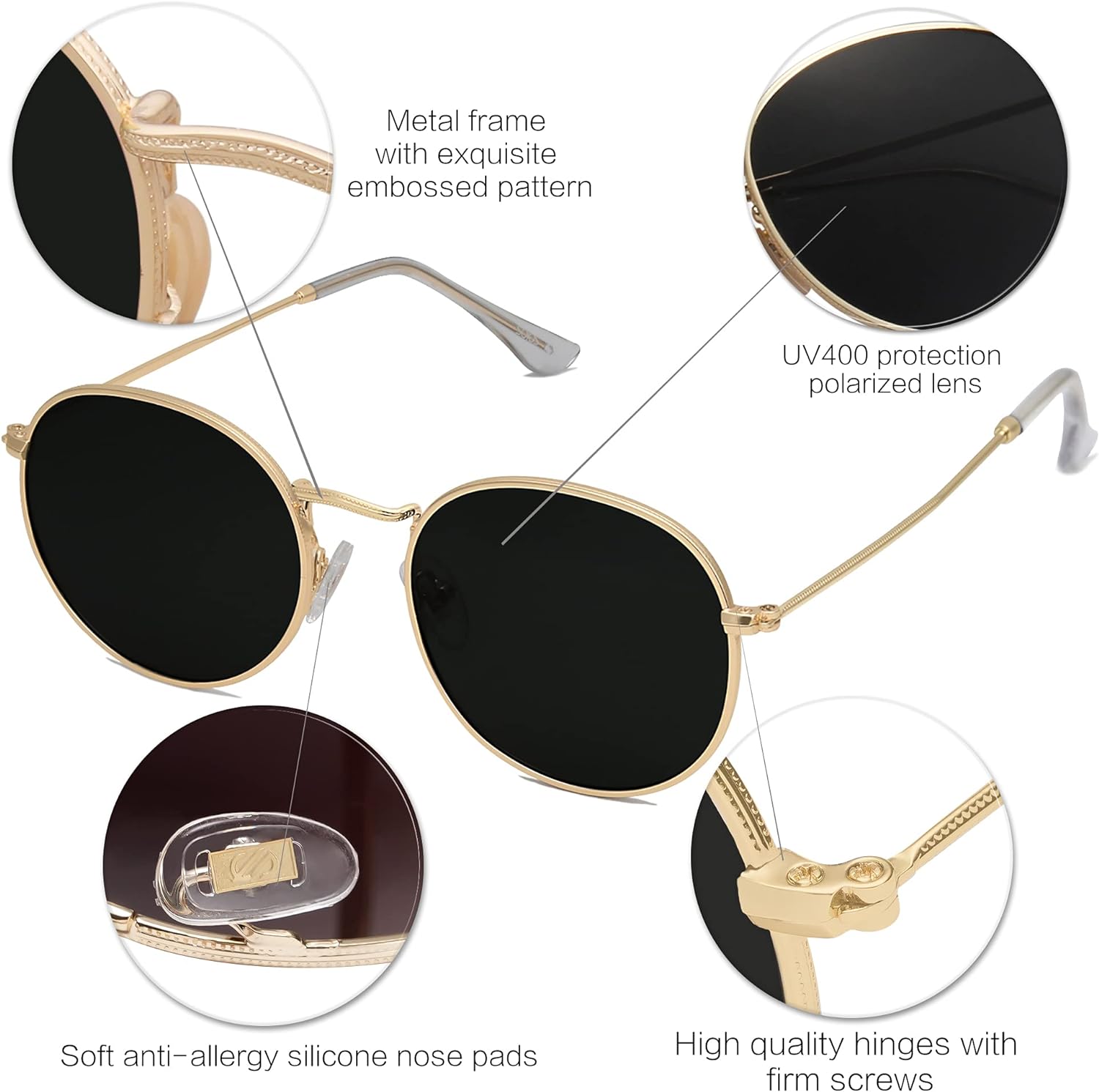 Small Round Polarized Sunglasses for Women Men Classic Vintage Retro Shades UV400 (Bright Gold Grey)