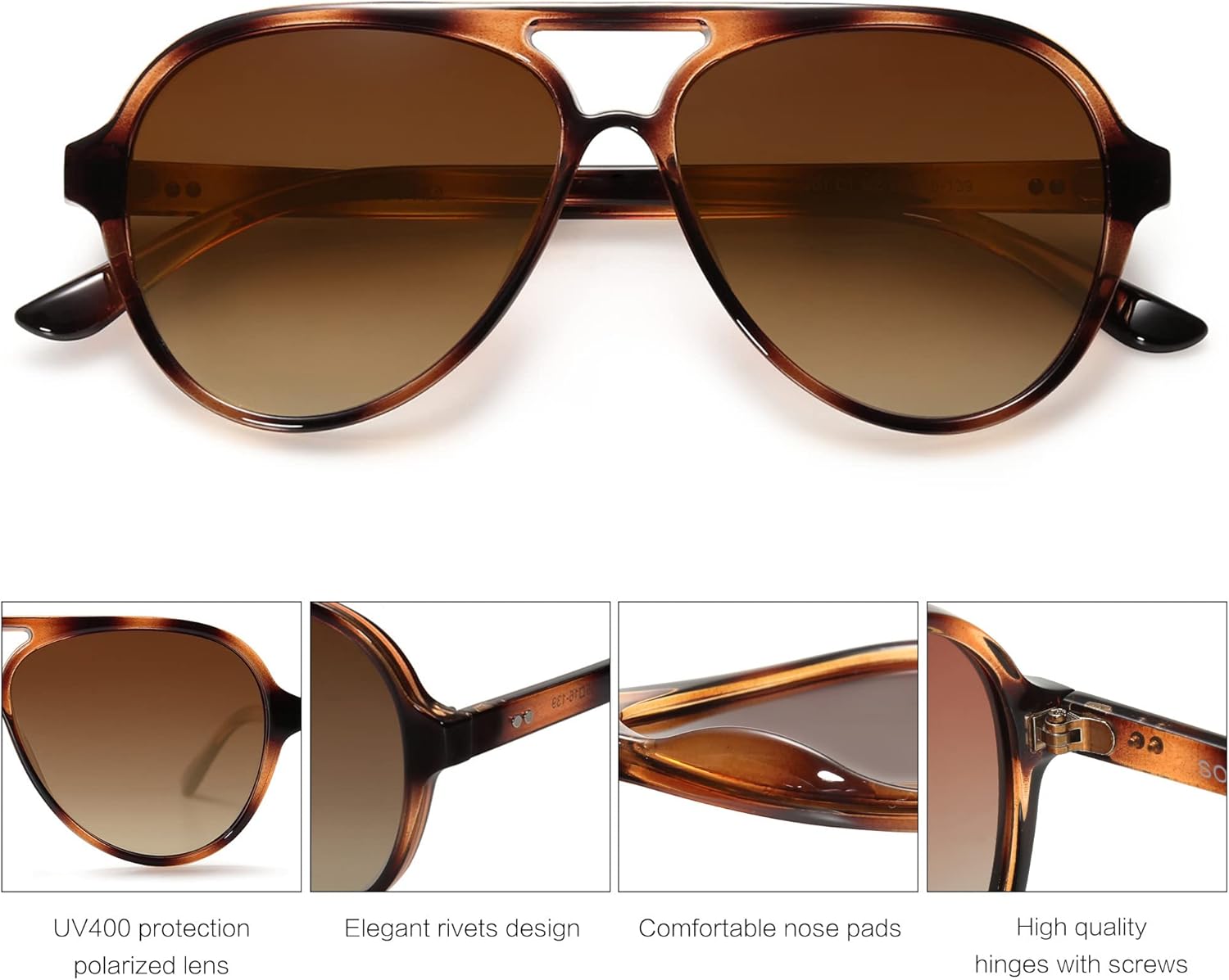 Classic Polarized Aviator Sunglasses Womens Mens Retro Double Bridge Aviators , Brown/Tortoise Brown