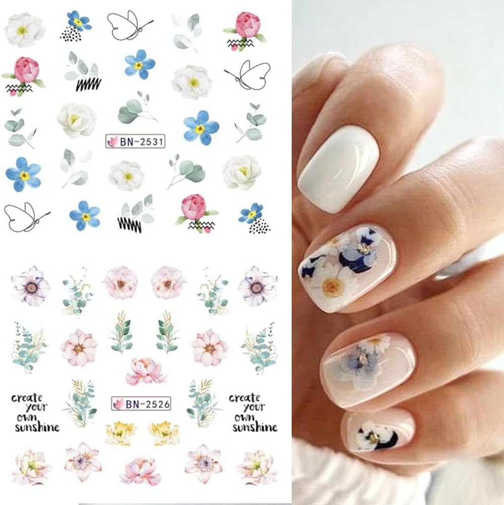 Flower Nail Decals Water Transfer Nail Art Supplies Summer Lily Orchid Butterfly, 12 Sheets