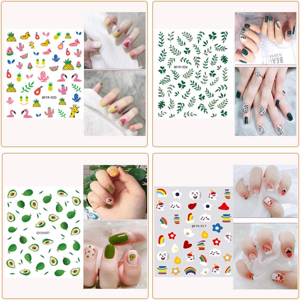 2 Sheets 3D Self-adhesive DIY Nail Art Decoration Set Including Flowers Leaves Animals Plants Fruits