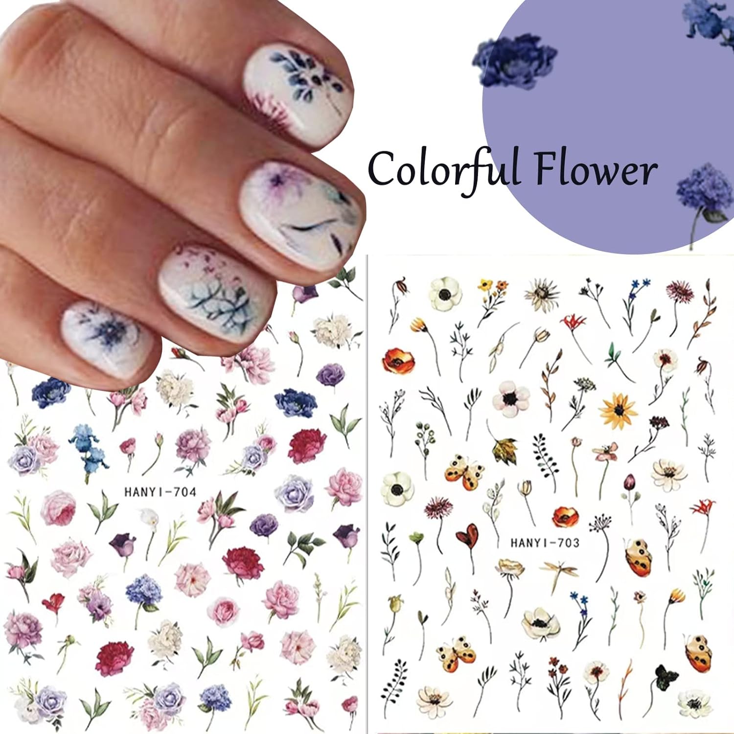 9 Sheets Flower Nail Art Stickers Decals 3D Self-Adhesive Nail Decals Spring Floral