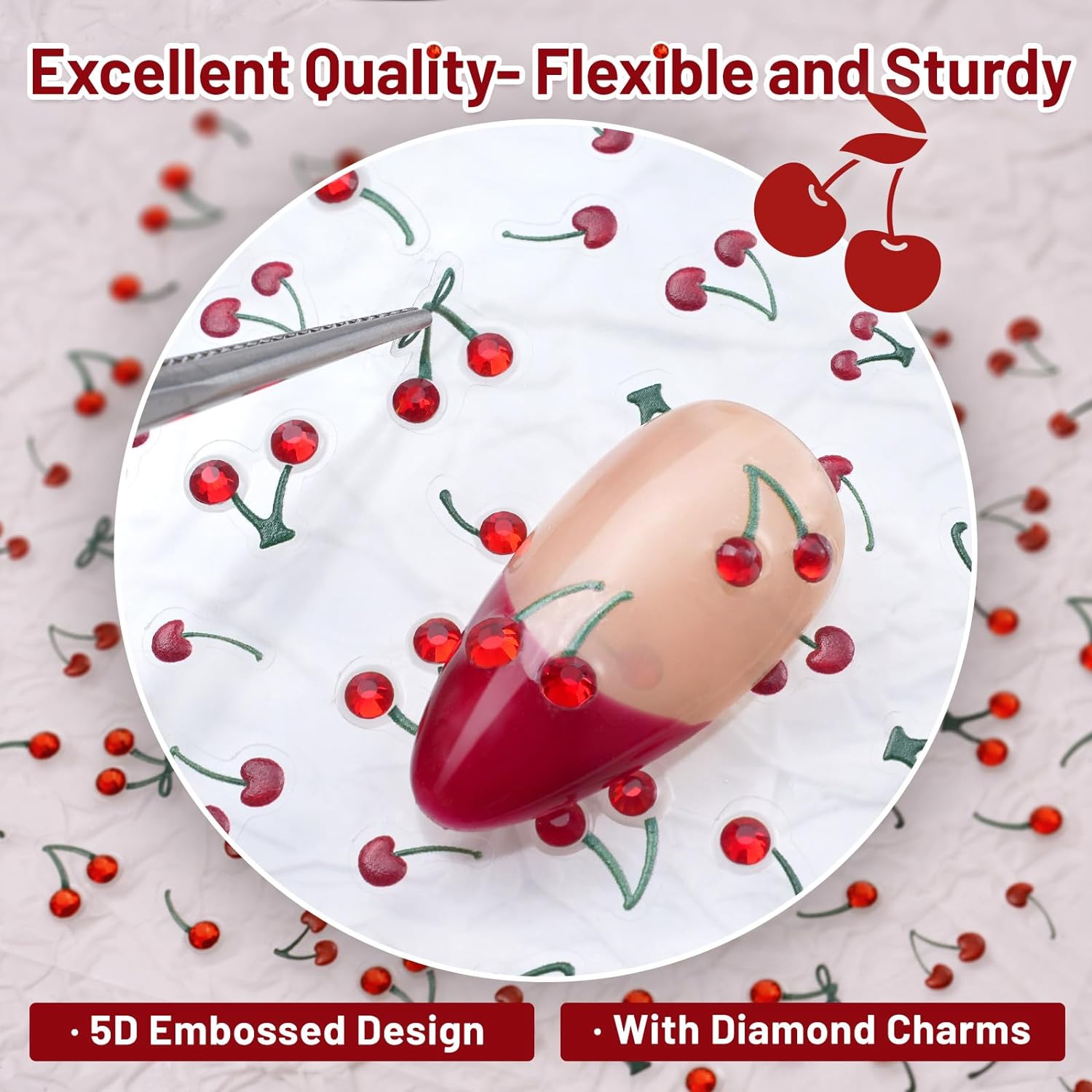 5D Nail Stickers Rhinestones Nail Art Crystal Cherry Art