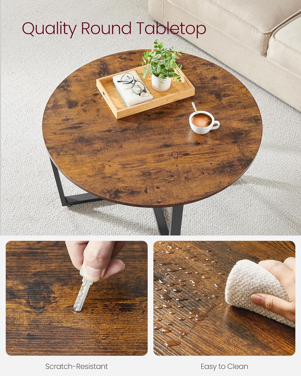 Coffee Table - Distressed Gray Oak Finish, Round, Black Metal Frame, Beige, Wood, Rustic