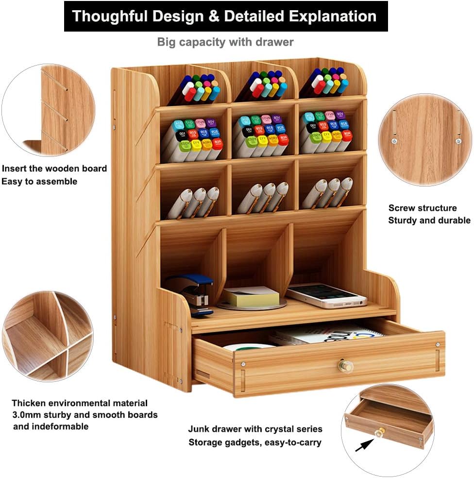 Wooden Desk Organizer, Multi-Functional DIY Pen Holder Storage Box Desktop Stationary
