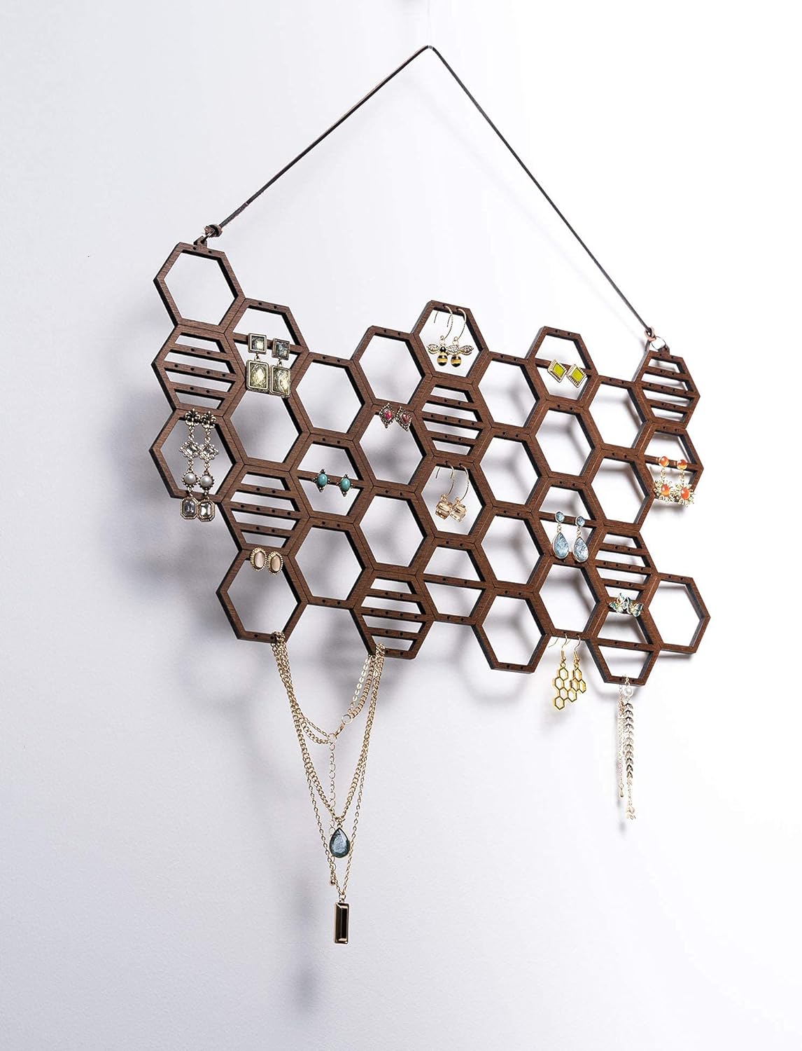 Hanging Holder Organizer Wall Display Jewelry for Stud Earrings Necklaces (Walnut)