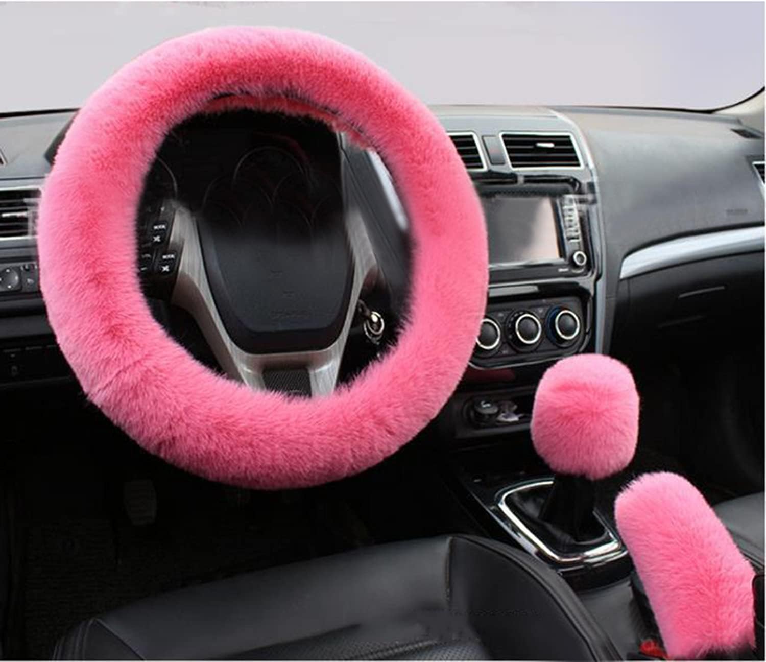 6pcs/Set Soft Fluffy Faux Wool Steering Wheel Cover & Seatbelt Shoulder